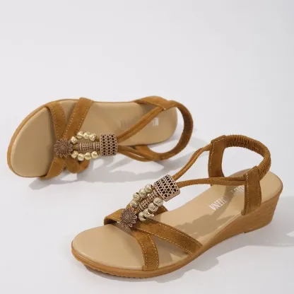 Beaded Mid Heel Slope Heel Flat Open Toe Sandals