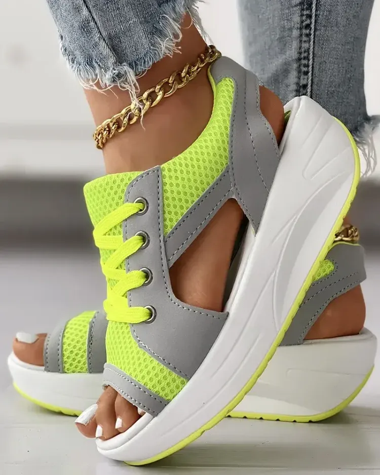 Orthopedic Contrast Paneled Cutout Lace-up Muffin Sandals