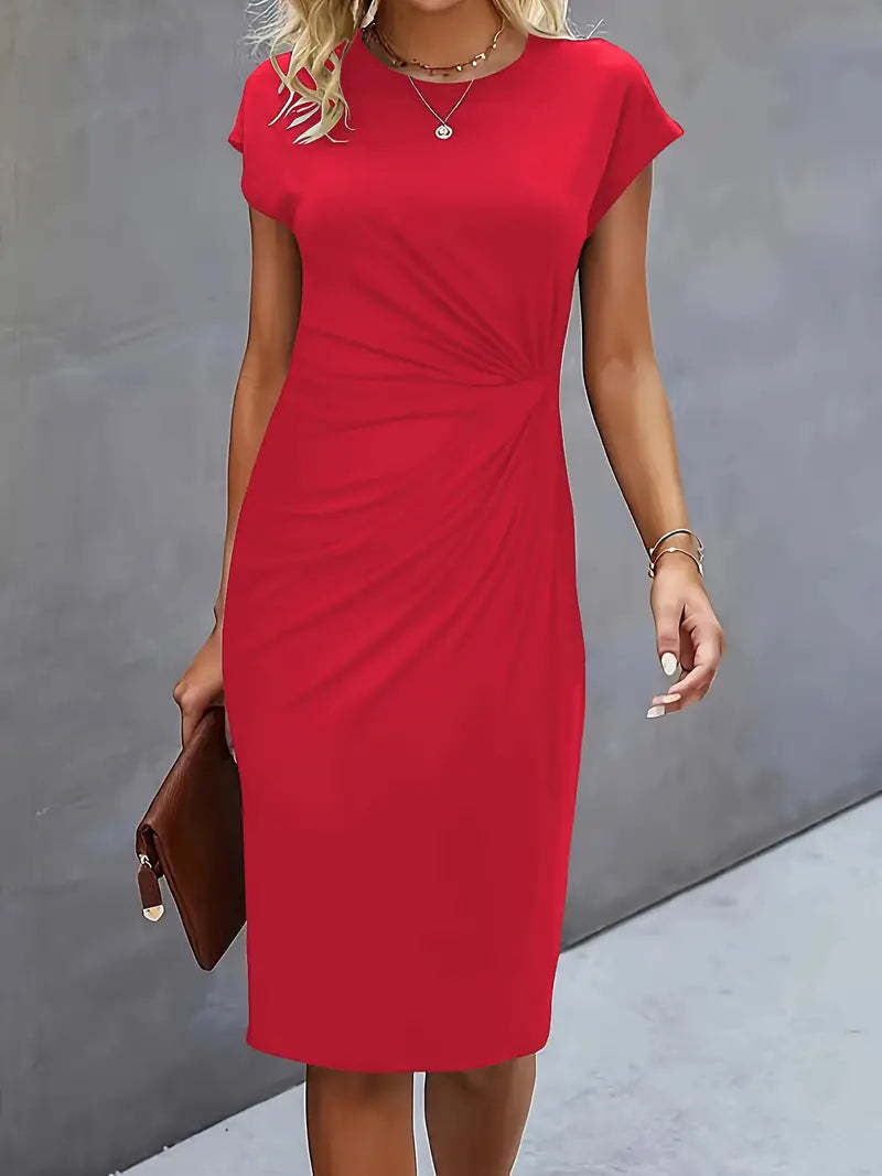 Elizabeth – solid color round neck dress with crew neck