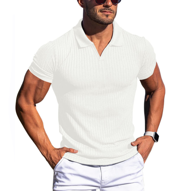 Men's Solid Striped Lapel Short Sleeve Shirt