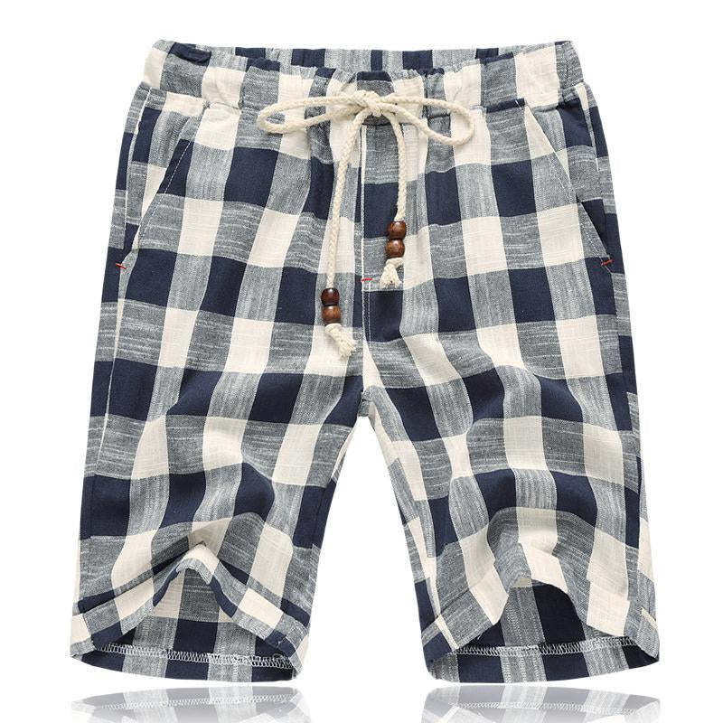 Men's Casual Cotton Linen Stripe Elastic Waist Straight Shorts