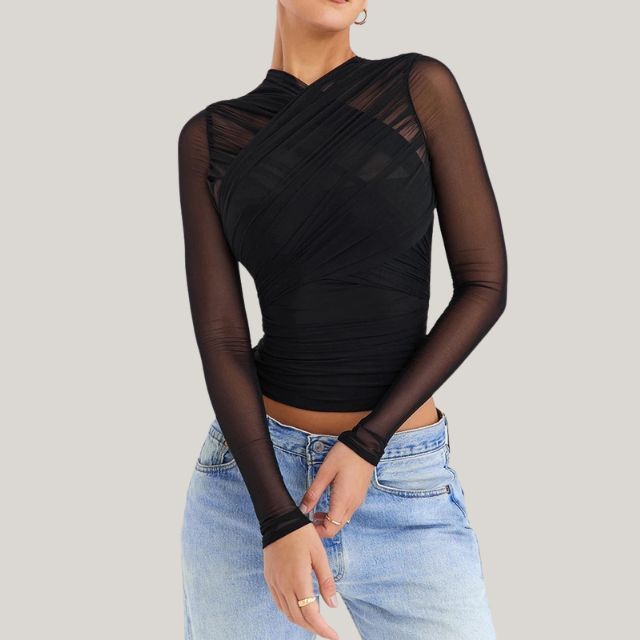 Mikaela - Sheer Mesh Top With Long Sleeves and Layered Wrap Design