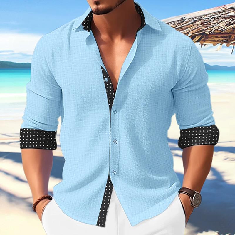 Men's Casual Polka Dot Print Paneled Lapel Long Sleeve Shirt