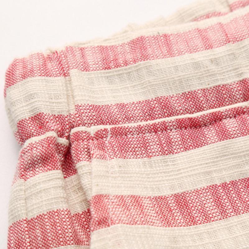 Men's Casual Cotton Linen Stripe Elastic Waist Straight Shorts