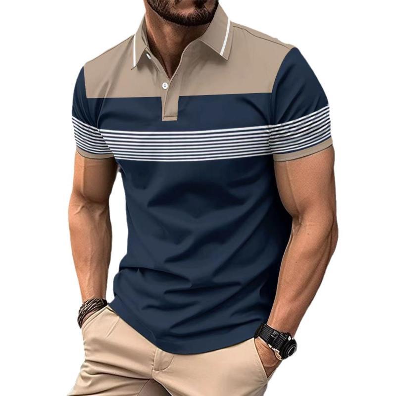 Men's Colorblock Striped Lapel Short Sleeve Casual Shirt