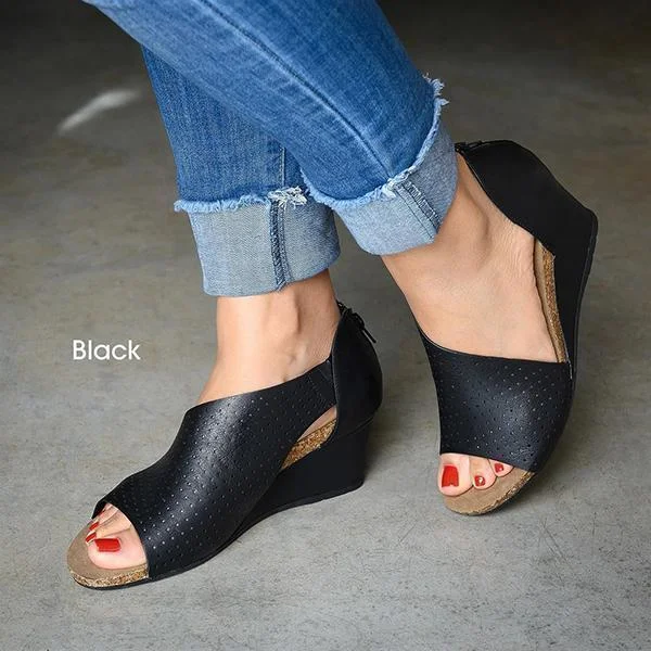 Ladies's Open Toe Leather Heels Wedge Mules Sandals