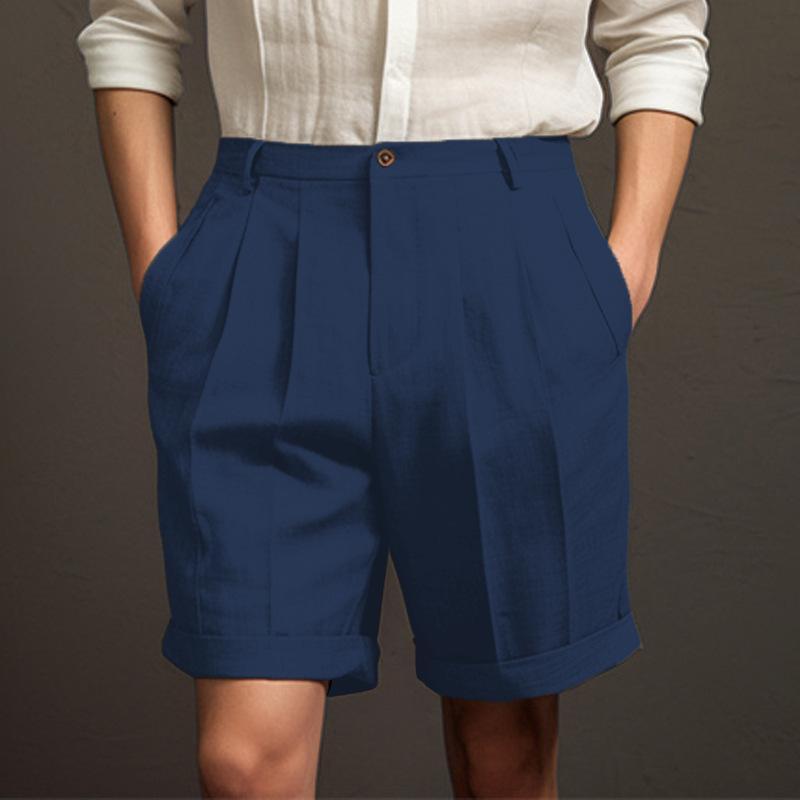 Men's Solid Linen Pleated Straight Casual Shorts