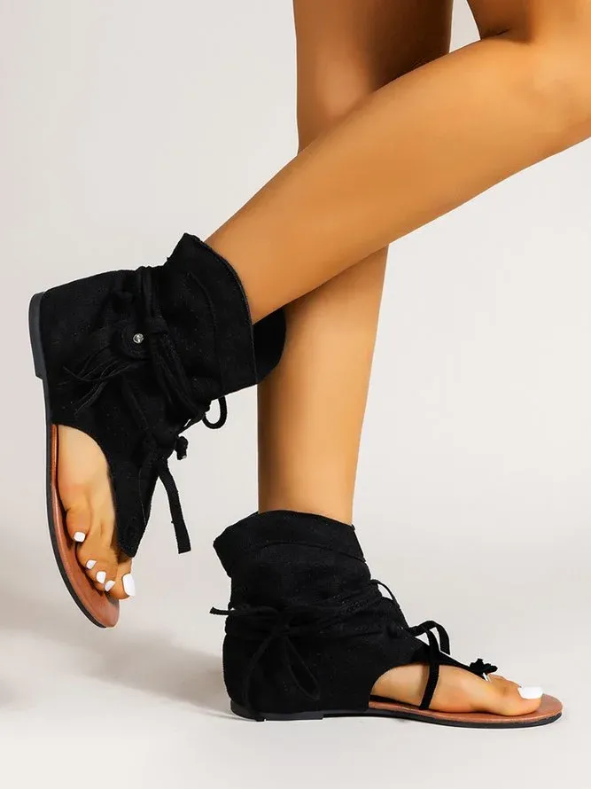 Retro Flat Tassel Cutout Thong Sandals