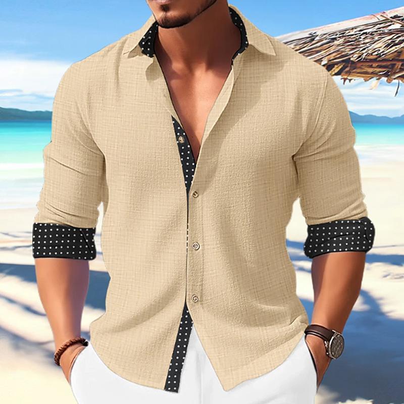 Men's Casual Polka Dot Print Paneled Lapel Long Sleeve Shirt