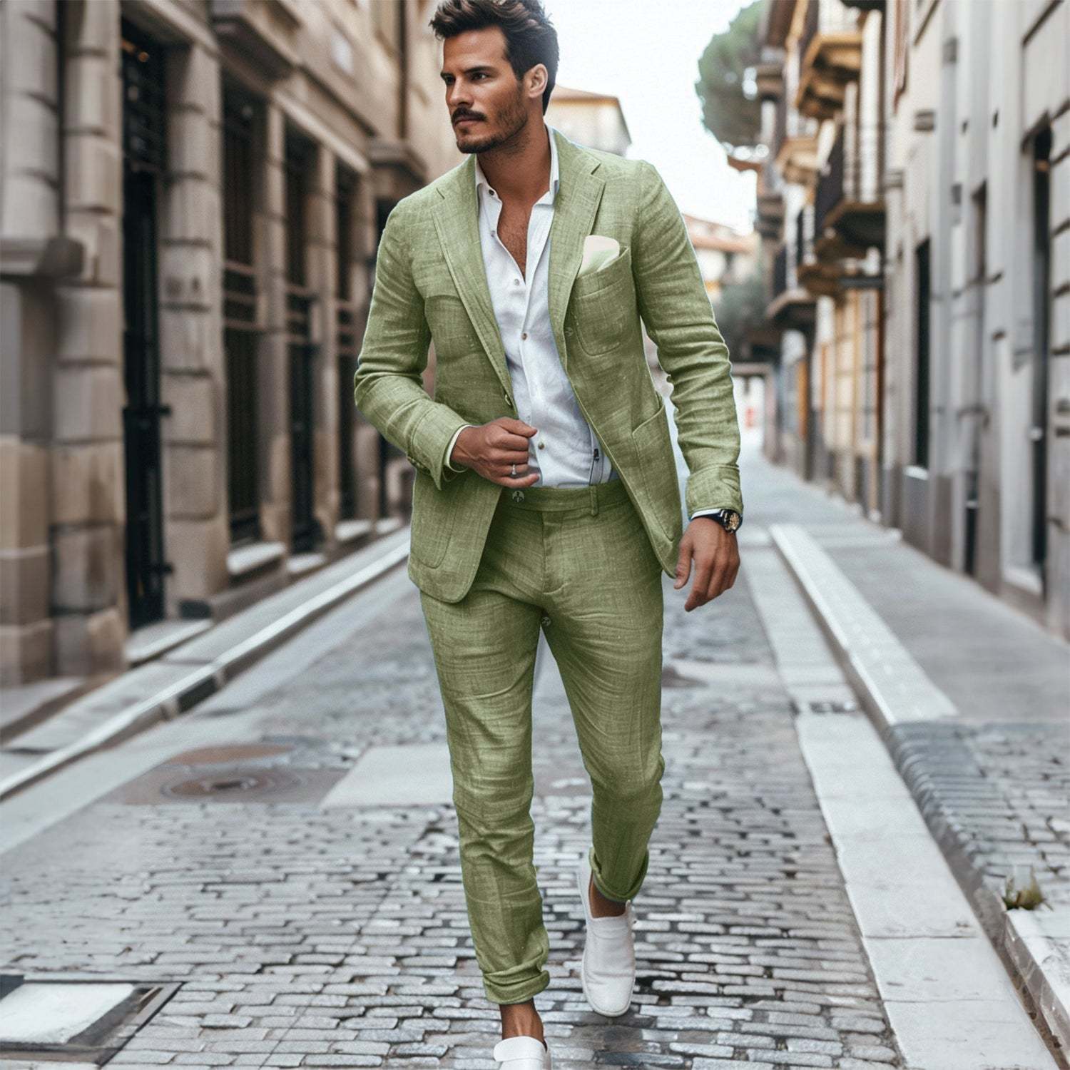 Men's Casual Formal 2 Pcs Summer Linen Notch Lapel Suit