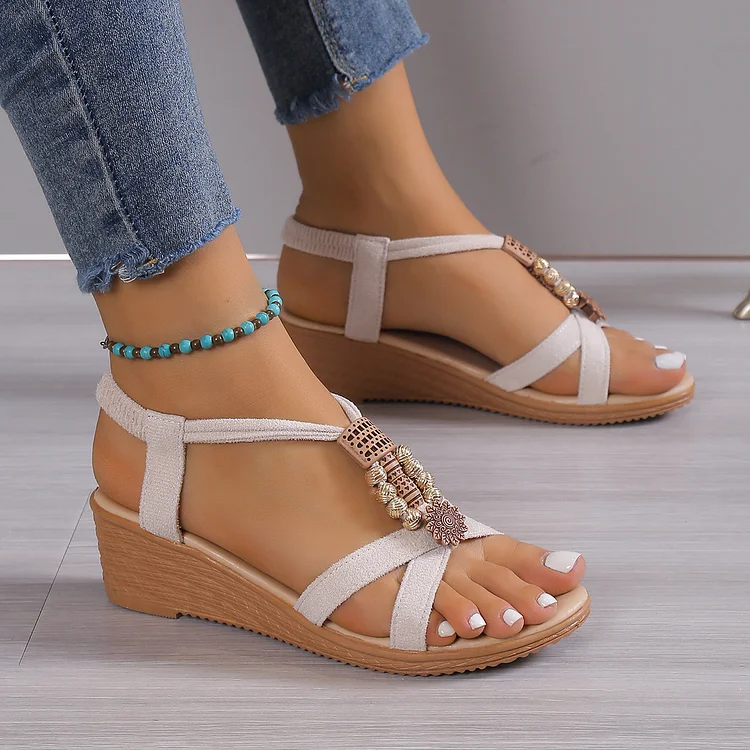 Beaded Mid Heel Slope Heel Flat Open Toe Sandals