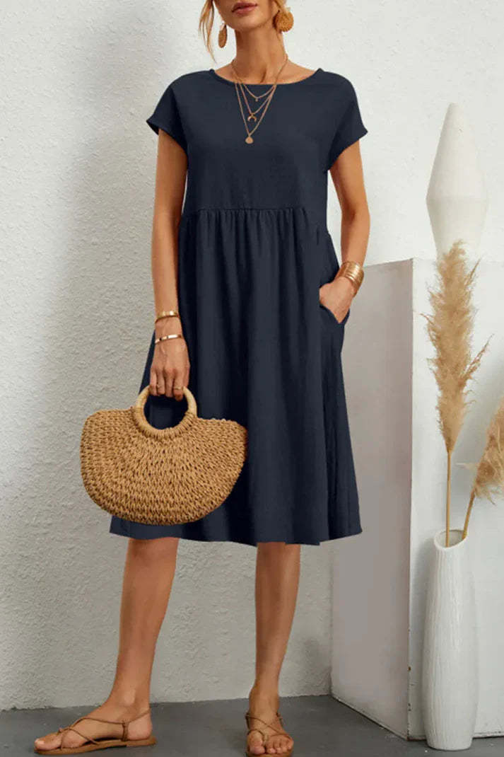 Melanie - plain-colored, casual dress with short sleeves and a round n