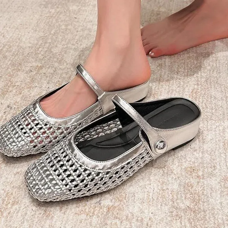 Women's Mary Jane Mules Woven Flat Slip On Shoes