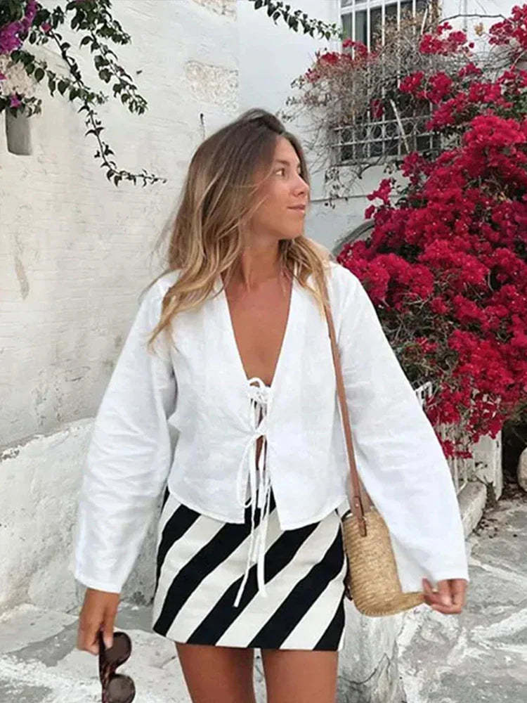 Ladies' Lace-up Shirt With V-neckline