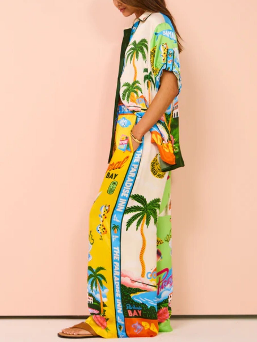 Vacation Graffiti Print Satin Casual Two-Piece Suit