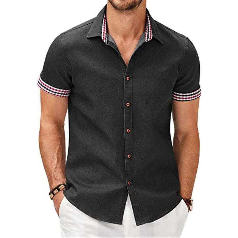 Men's Casual Check Print Stitching Lapel Short Sleeve Shirt