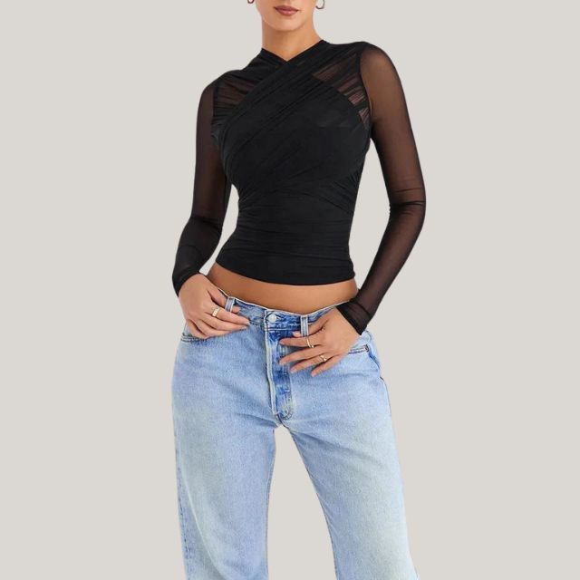 Mikaela - Sheer Mesh Top With Long Sleeves and Layered Wrap Design