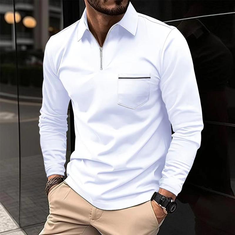 Men's Solid Zipper Lapel Breast Pocket Long Sleeve Shirt