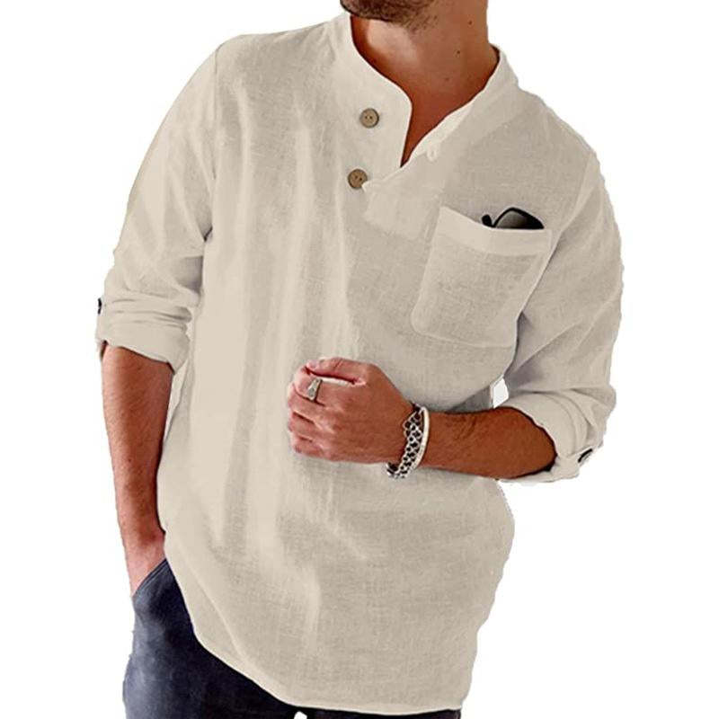 Men's Cotton Linen Loose Casual Solid Color Roll-Up Sleeve Long-sleeved Shirt