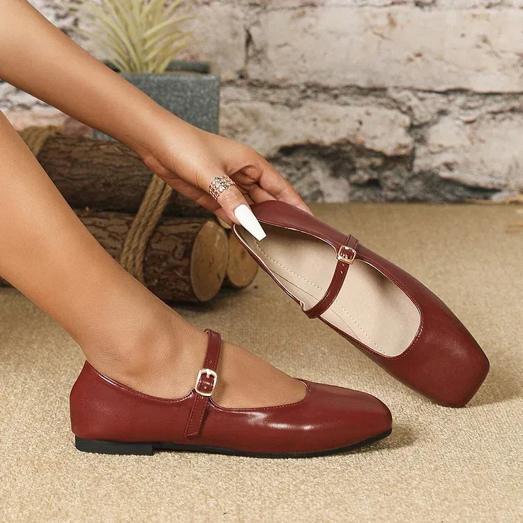 Mary Jane Square Head Retro Leather Flat Shoes