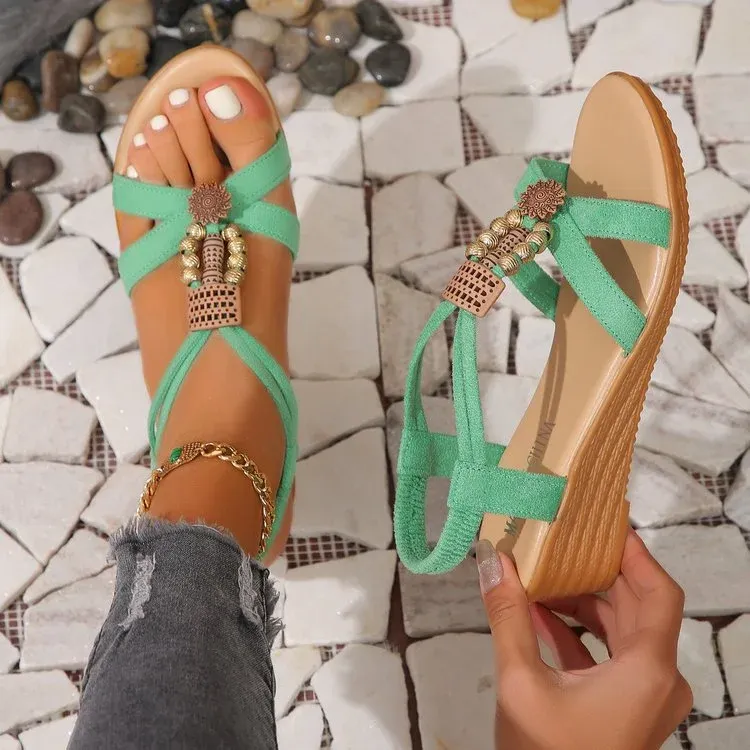 Beaded Mid Heel Slope Heel Flat Open Toe Sandals