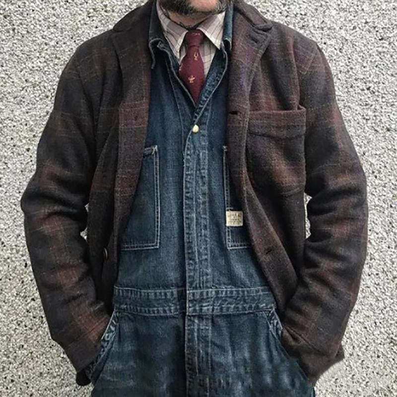 Men's Retro Checkered Lapel Loose Jacket