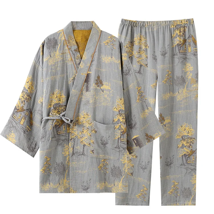 Neutral Landscape Kimono Cotton Pajama Set