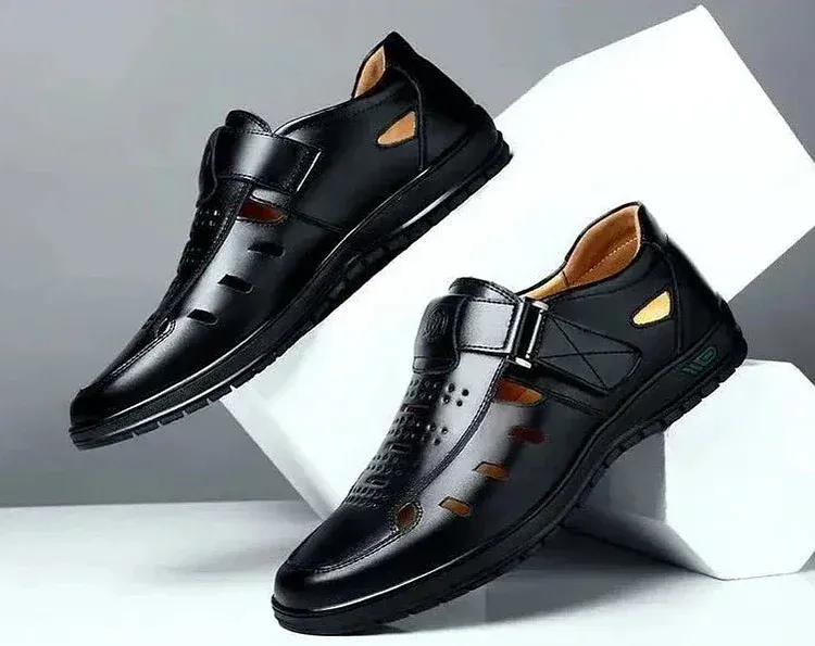 Men’s Leather Sandals – Closed Toe – Breathable Cut-Out Design – Adjustable Buckle Strap