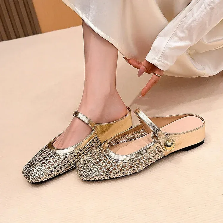 Women's Mary Jane Mules Woven Flat Slip On Shoes