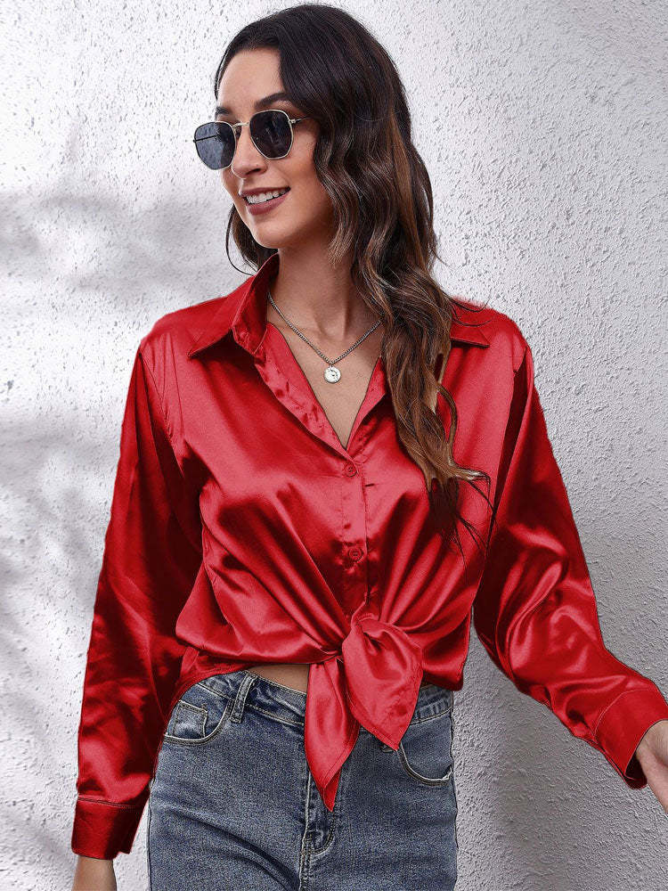 Satin Blouse Women Loose Button Placket Silky Long-sleeved Shirt