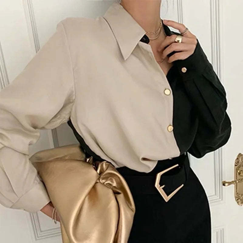 Elegant Vintage Khaki Black Blouse for Women