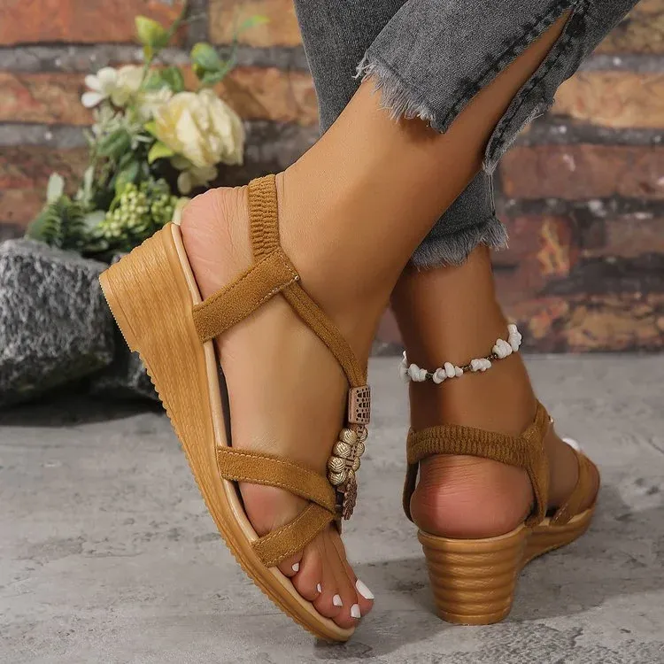 Beaded Mid Heel Slope Heel Flat Open Toe Sandals