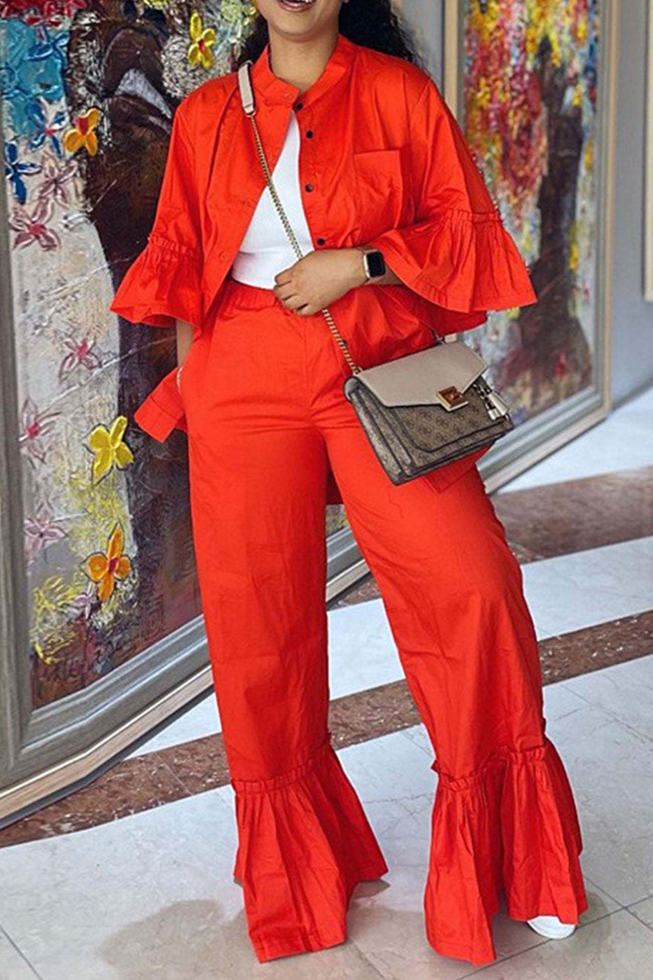 Hattie - ruffle half-sleeve shirt and flare pants set