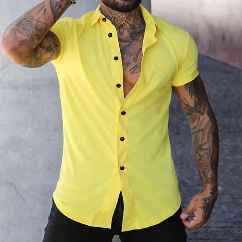 Men's Solid Lapel Short Sleeve Sports Fitness Shirt