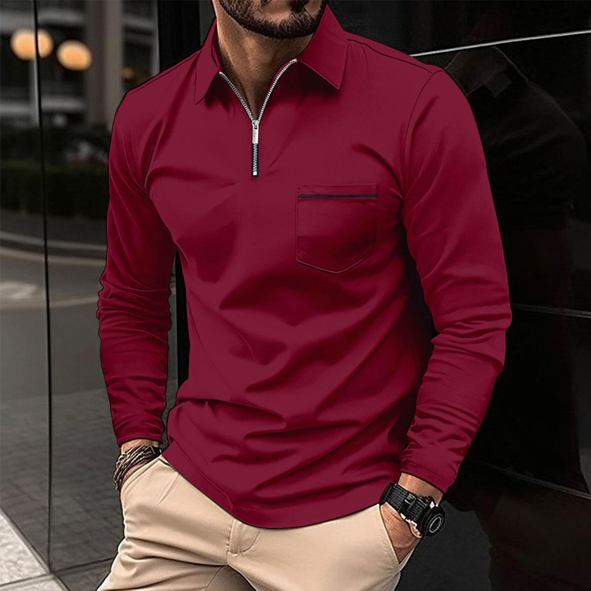 Men's Solid Zipper Lapel Breast Pocket Long Sleeve Shirt