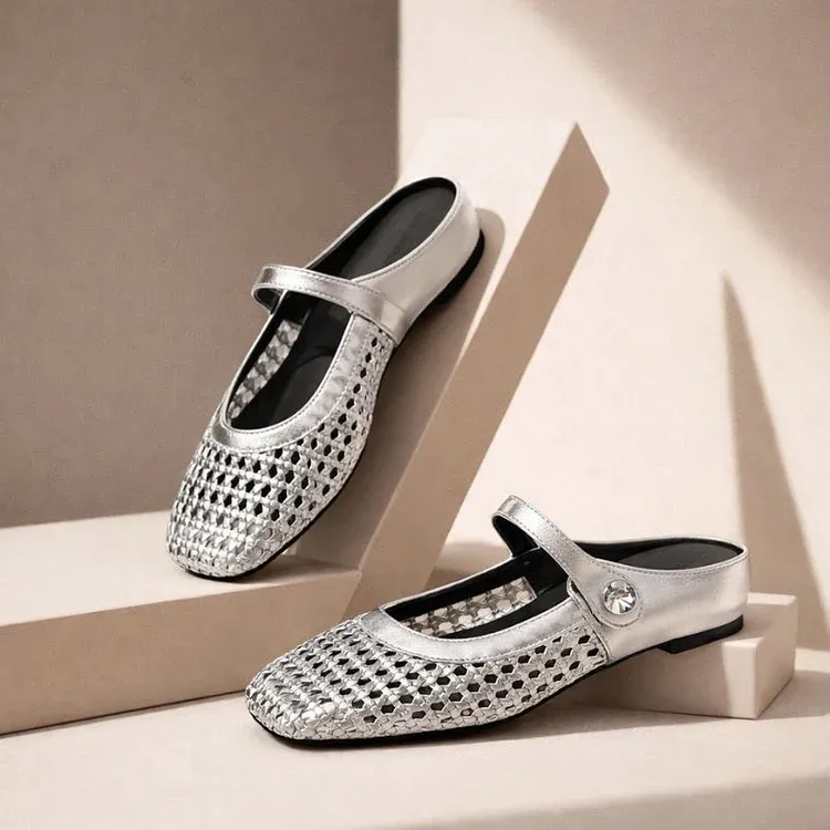 Women's Mary Jane Mules Woven Flat Slip On Shoes