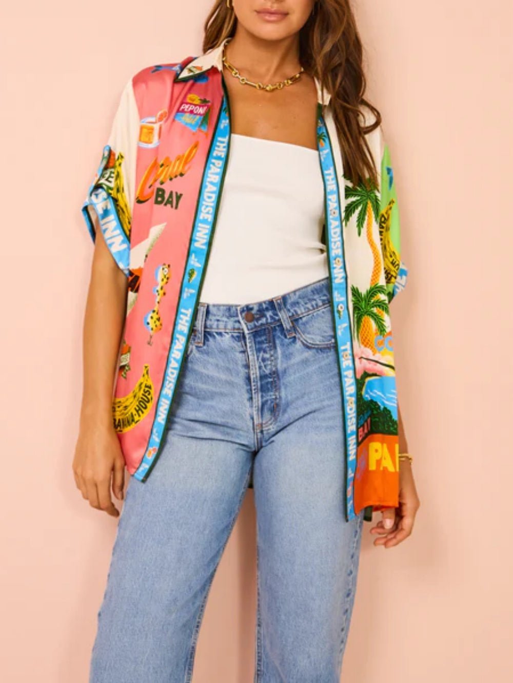 Vacation Graffiti Print Satin Casual Two-Piece Suit