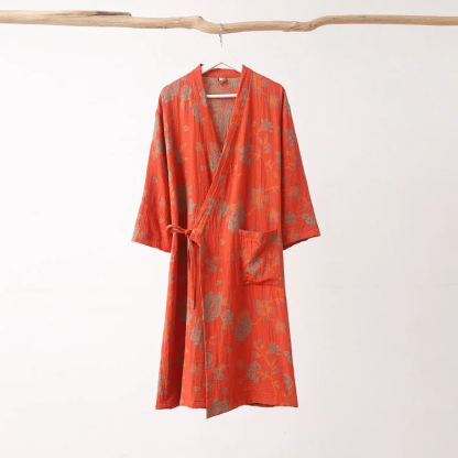 Flower Jacquard Cotton V-Neck Bathrobe Pajama