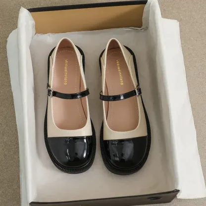 Color Matching Black and White Square Toe Retro Chunky Heel Shoes Women's Shoes
