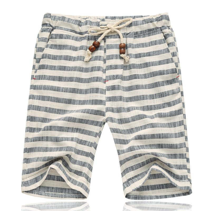 Men's Casual Cotton Linen Stripe Elastic Waist Straight Shorts