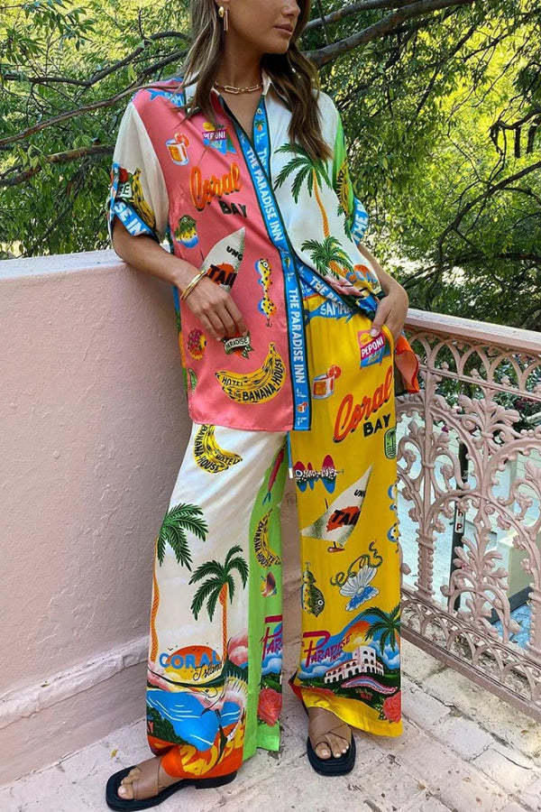 Vacation Graffiti Print Satin Casual Two-Piece Suit