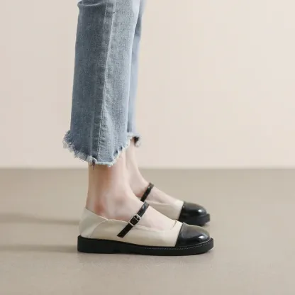 Color Matching Black and White Square Toe Retro Chunky Heel Shoes Women's Shoes