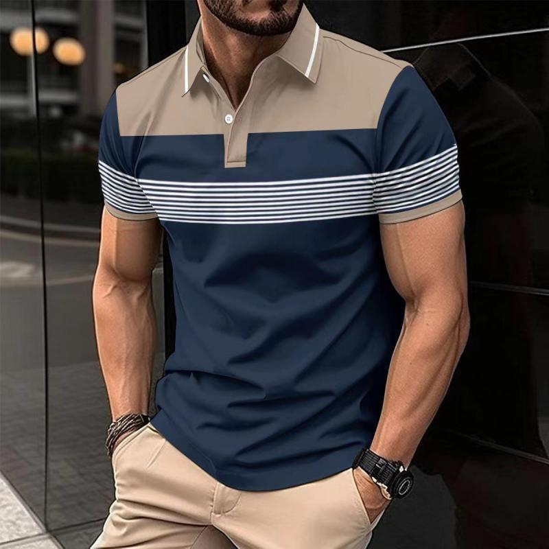 Men's Colorblock Striped Lapel Short Sleeve Casual Shirt