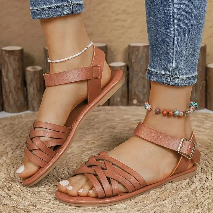 Braided Buckle Faux Leather Sandals