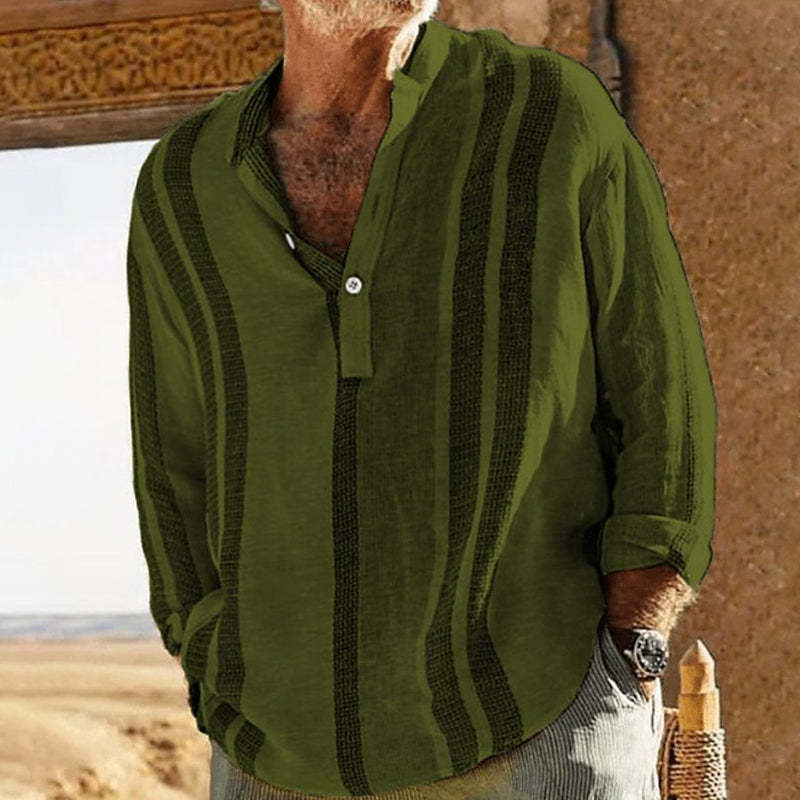 Men's V-neck Striped Print Loose Lapel Cotton Linen Shirt