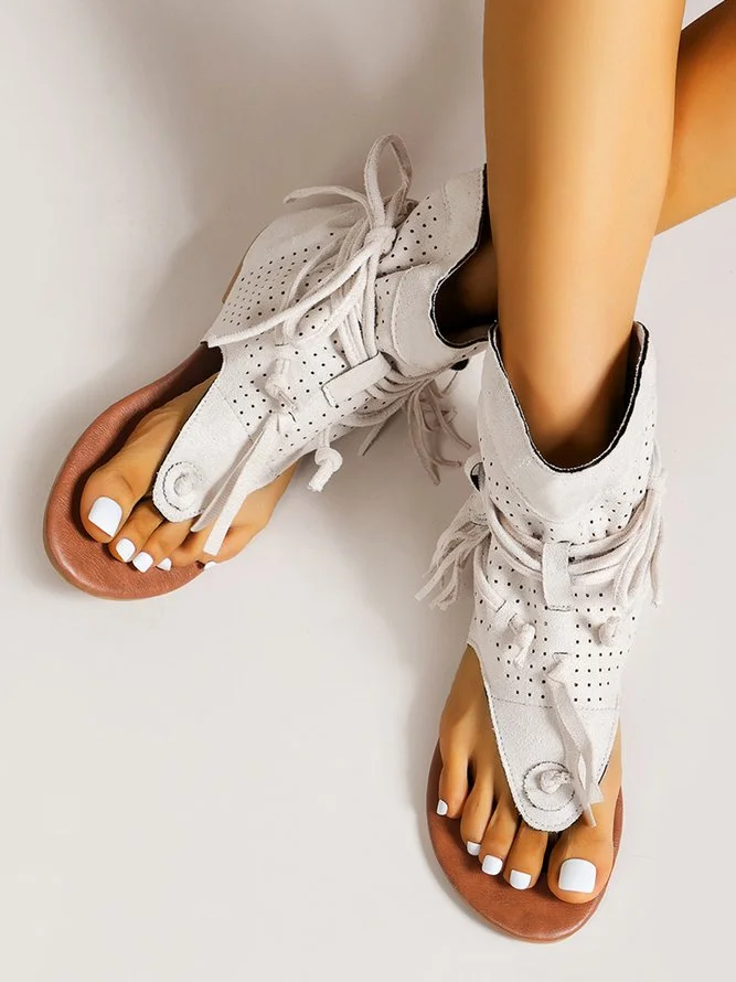 Retro Flat Tassel Cutout Thong Sandals