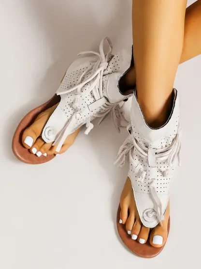 Retro Flat Tassel Cutout Thong Sandals
