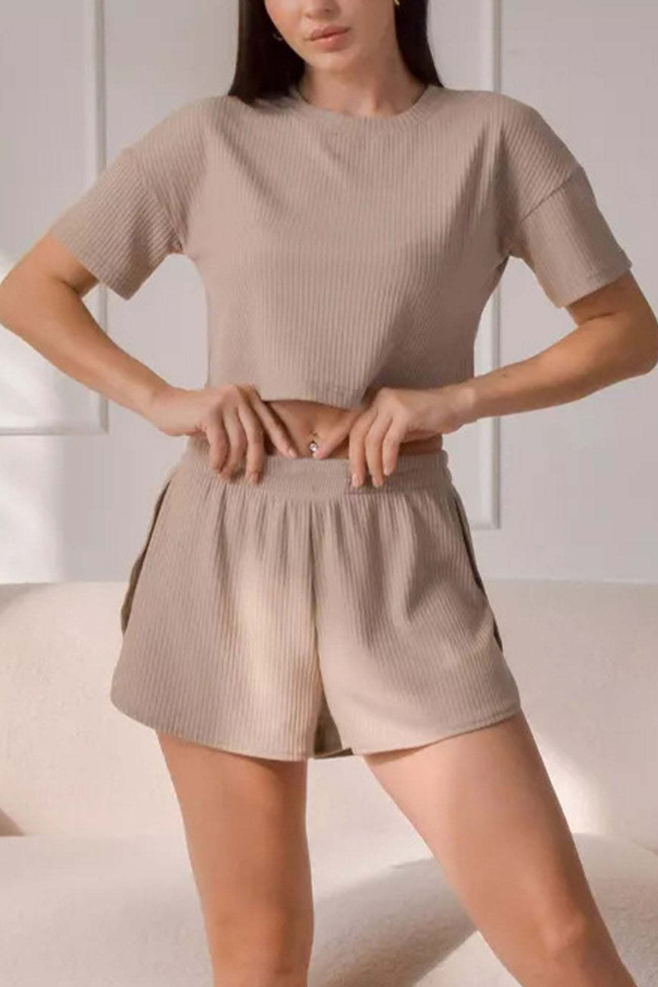 Alexa - crew neck crop top and cross shorts set