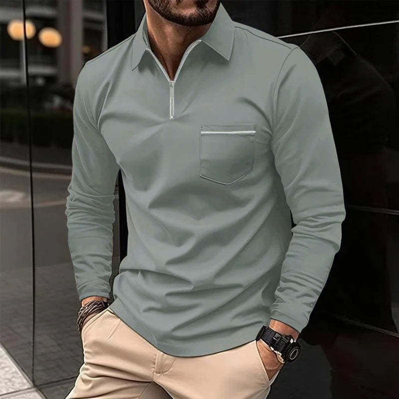 Men's Solid Zipper Lapel Breast Pocket Long Sleeve Shirt