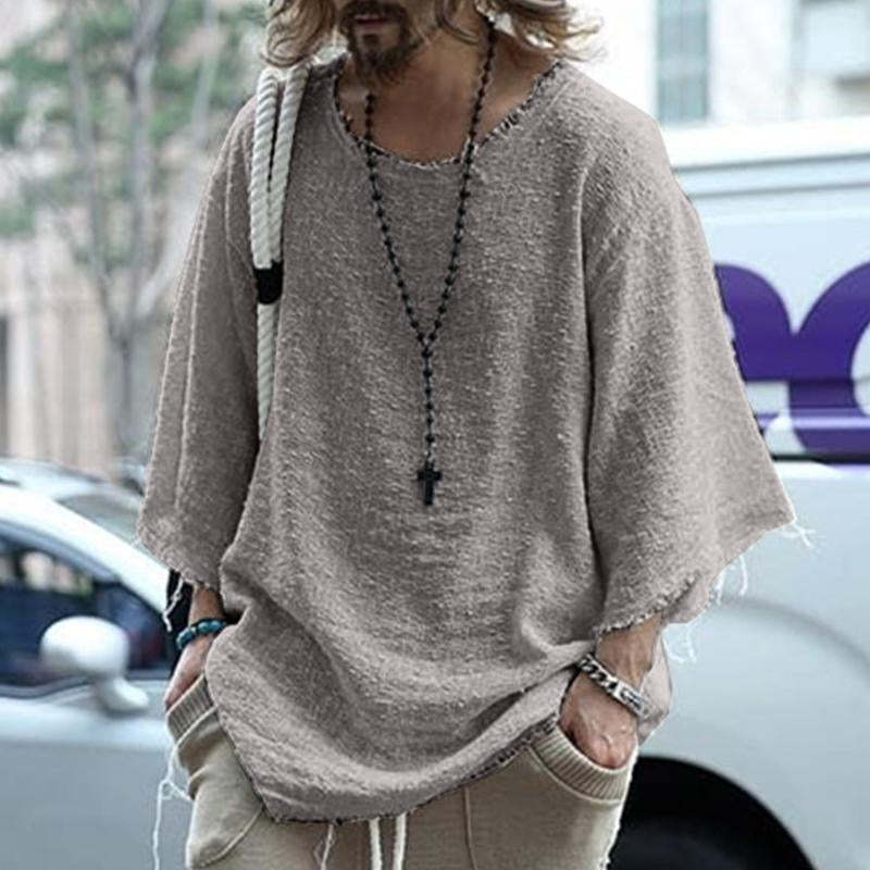 Men's Casual Loose Round Neck Raw Edge T-Shirt